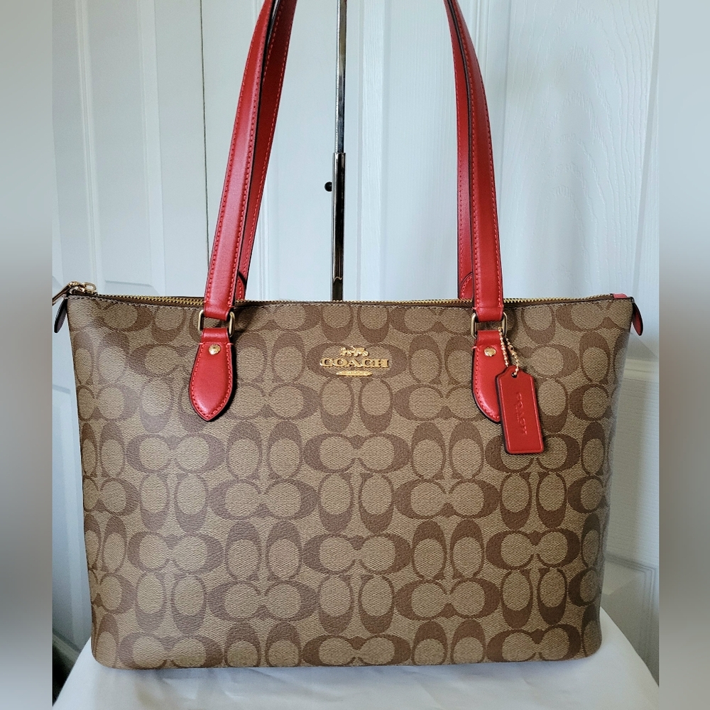Coach Khaki Brown & Electric Red Signature Gallery Tote Bag Canvas Leather NWT